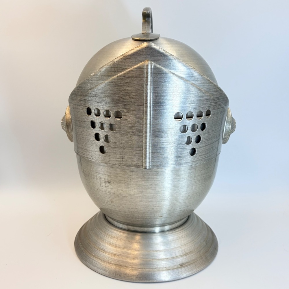 Vintage Knight Helmet Ice Bucket Aluminum Medieval Barware Silver Tone Insulated